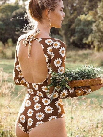 女性ワンピース水着カーキ花柄レースアップジュエルネック背中の開いた夏のビーチ水着