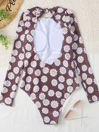 女性ワンピース水着カーキ花柄レースアップジュエルネック背中の開いた夏のビーチ水着