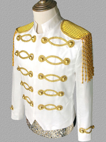 ホワイト ヴィンテージ トップ ヴィンテージ ポリエステル スパンコール チェーン ロング スリーブ レトロ コスチューム 男性用