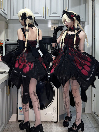 レッド   ゴシックロリータドレス レース リボン 蝶々柄 薔薇柄 ホワイト レッド