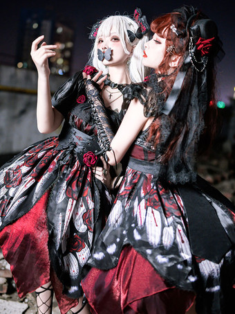   ゴシックロリータドレス レース リボン 蝶々柄 薔薇柄 ホワイト レッド