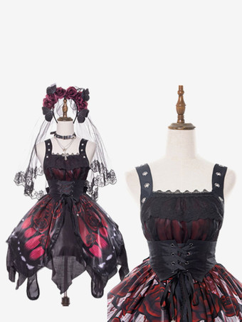 レッド   ゴシックロリータドレス レース グロメット 蝶柄 薔薇柄 ホワイト ホワイト