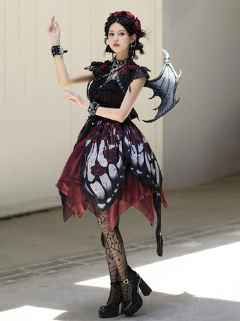   ゴシックロリータドレス レース グロメット 蝶柄 薔薇柄 ホワイト ホワイト