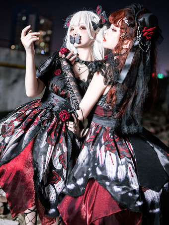   ゴシックロリータドレス レース グロメット 蝶柄 薔薇柄 ホワイト ホワイト