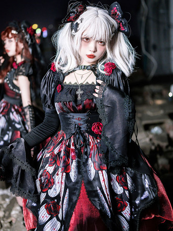   ゴシックロリータドレス レース グロメット 蝶柄 薔薇柄 ホワイト ホワイト