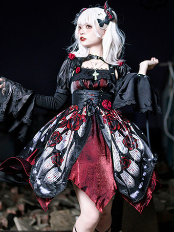   ゴシックロリータドレス レース グロメット 蝶柄 薔薇柄 ホワイト ホワイト