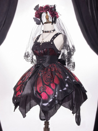   ゴシックロリータドレス レース グロメット 蝶柄 薔薇柄 ホワイト ホワイト