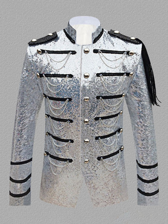 シルバー シルバー ヴィンテージ トップ ヴィンテージ スパンコール チェーン ロング スリーブ ポリエステル ポリエステル繊維オーバー コート レトロ コスチューム用男 バーガンディ