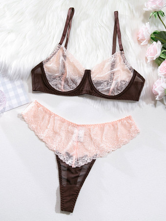 ランジェリーブラ コーヒーブラウン ツートーン レース 2ピース 女性用ブラ