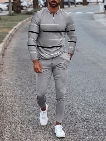 ダークグレー 男性用 スポーツウェア 2ピース プリント 長袖 ターンダウンカラー ブルー