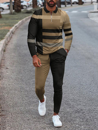 ブラウン 男性用 スポーツウェア 2ピース プリント 長袖 ターンダウンカラー ブルー