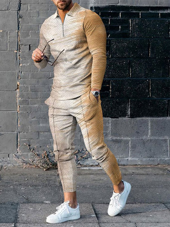 カーキ 男性用 スポーツウェア 2ピース プリント 長袖 ターンダウンカラー ブルー