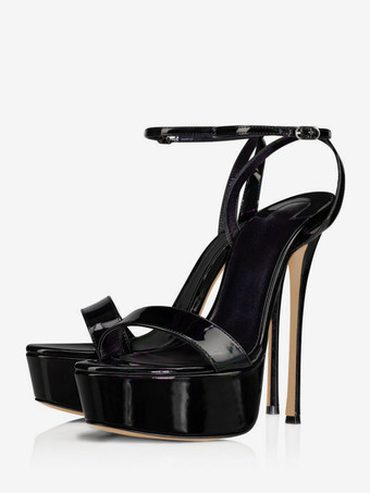 ブラック 女性のヒール サンダル ヌード本革プラットフォーム スティレット ヒール アンクル ストラップ ドレス サンダル