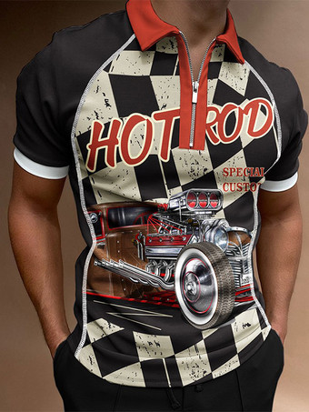 ブラック メンズ ポロシャツ プリント ターンダウン カラー 半袖 レギュラー フィット ブルー スマート ポロシャツ