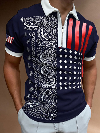 ダークネイビーメンズ ポロシャツ プリント ターンダウン カラー 半袖 レギュラー フィット ブルー スマート ポロシャツ