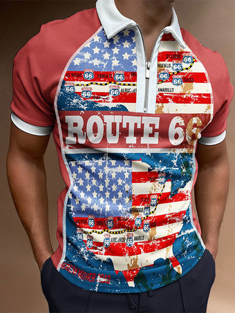 レッド メンズ ポロシャツ プリント ターンダウン カラー 半袖 レギュラー フィット ブルー スマート ポロシャツ