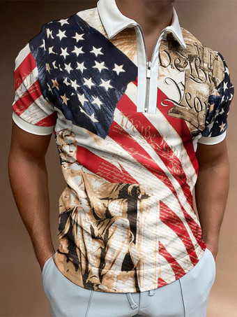 カーキ メンズ ポロシャツ プリント ターンダウン カラー 半袖 レギュラー フィット ブルー スマート ポロシャツ