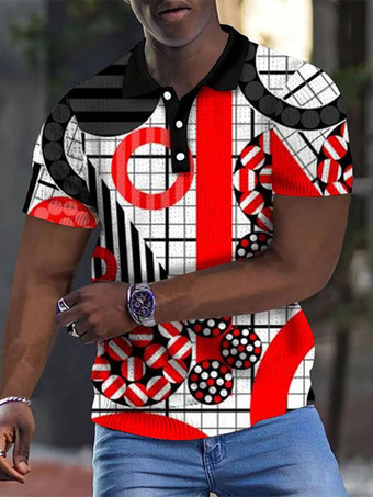 レッド メンズ ポロシャツ プリント ターンダウン カラー 半袖 レギュラー フィット ホワイト ファッション ポロシャツ