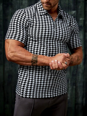 ホワイト メンズ ポロシャツ プリント ターンダウン カラー 半袖 レギュラー フィット ホワイト ファッション ポロシャツ