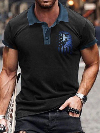 ブラック メンズポロシャツプリントターンダウンカラー半袖レギュラーフィットブラックファッショナブルなポロシャツ