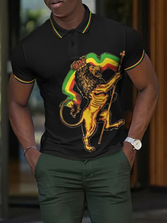 イエローメンズポロシャツプリントターンダウンカラー半袖レギュラーフィットブラックファッショナブルなポロシャツ