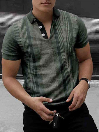 グリーン メンズポロシャツプリントターンダウンカラー半袖レギュラーフィットブラックファッショナブルなポロシャツ