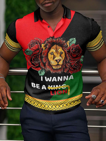 レッド メンズポロシャツプリントターンダウンカラー半袖レギュラーフィットブラックファッショナブルなポロシャツ