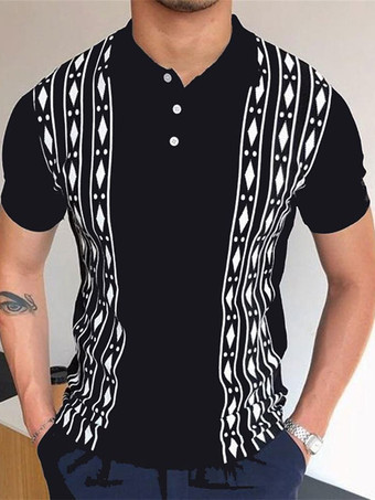 ホワイト メンズポロシャツプリントターンダウンカラー半袖レギュラーフィットブラックファッショナブルなポロシャツ