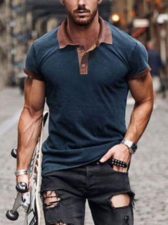 ブルー メンズ ポロシャツ プリント ターンダウン カラー 半袖 レギュラー フィット ホワイト スマート ポロシャツ