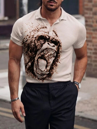 カーキ メンズ ポロシャツ プリント ターンダウン カラー 半袖 レギュラー フィット ホワイト スマート ポロシャツ