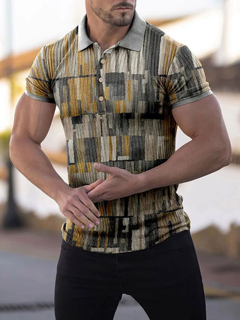 イエローメンズ ポロシャツ プリント ターンダウン カラー 半袖 レギュラー フィット ホワイト ファッション ポロシャツ