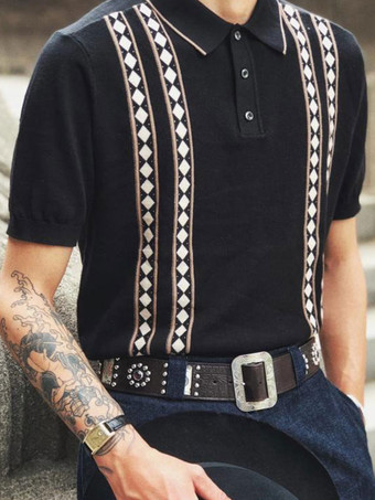 ブラック メンズ ポロシャツ プリント ターンダウン カラー 半袖 レギュラー フィット ホワイト ファッション ポロシャツ