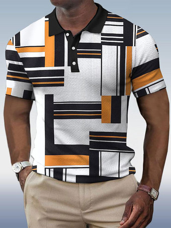 ホワイト メンズ ポロシャツ プリント ターンダウンカラー 半袖 レギュラーフィット オレンジ ファッショナブル ポロシャツ