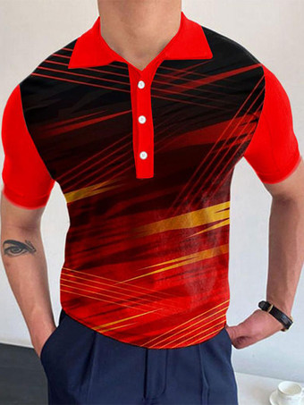 レッド メンズ ポロシャツ プリント ターンダウンカラー 半袖 レギュラーフィット オレンジ ファッショナブル ポロシャツ