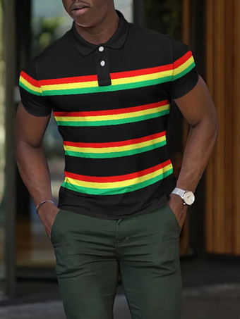 グリーン メンズ ポロシャツ プリント ターンダウンカラー 半袖 レギュラーフィット オレンジ ファッショナブル ポロシャツ