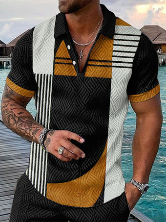 ブラック メンズ ポロシャツ プリント ターンダウンカラー 半袖 レギュラーフィット オレンジ ファッショナブル ポロシャツ