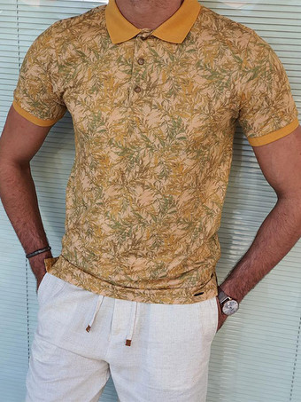 ブラウン ポロシャツ メンズ プリント ターンダウンカラー 半袖 レギュラーフィット ブラック ファッションポロシャツ