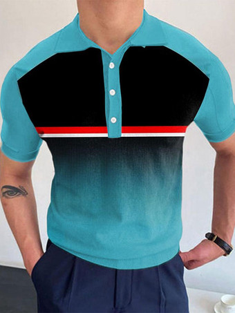 ライトスカイブルーポロシャツ メンズ プリント ターンダウンカラー 半袖 レギュラーフィット ブラック ファッションポロシャツ