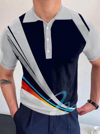 グレイポロシャツ メンズ プリント ターンダウンカラー 半袖 レギュラーフィット ブラック ファッションポロシャツ