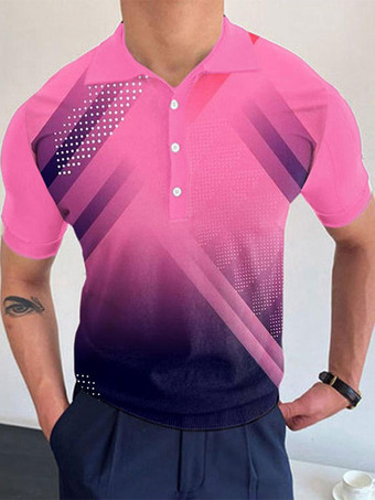 ピンクポロシャツ メンズ プリント ターンダウンカラー 半袖 レギュラーフィット ブラック ファッションポロシャツ