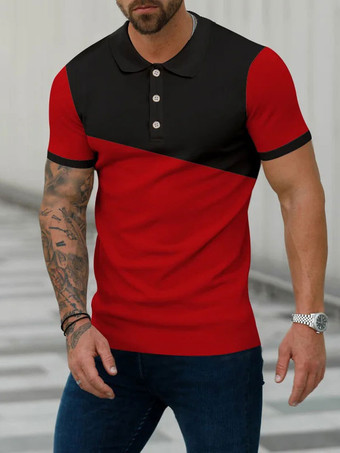 レッド メンズポロシャツプリントターンダウンカラー半袖レギュラーフィットイエローファッショナブルなポロシャツ