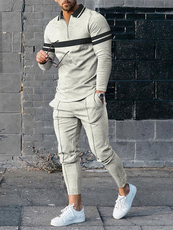 グレイ男性用 スポーツウェア 2ピース プリント 長袖 ターンダウンカラー ブルー