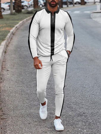 ホワイト 男性用 スポーツウェア 2ピース プリント 長袖 ターンダウンカラー ブルー