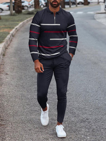 ブラック 男性用 スポーツウェア 2ピース プリント 長袖 ターンダウンカラー ブルー