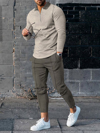 ハンターグリーン 男性用 スポーツウェア 2ピース プリント 長袖 ターンダウンカラー ディープグレー