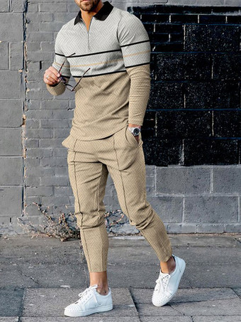 カーキ 男性用 スポーツウェア 2ピース プリント 長袖 ターンダウンカラー ディープグレー