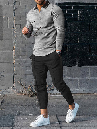 グレイ男性用 スポーツウェア 2ピース プリント 長袖 ターンダウンカラー ディープグレー