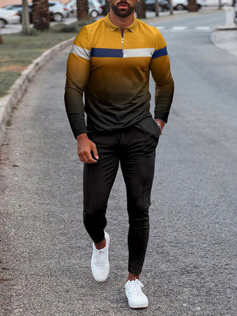 イエロー男性用 スポーツウェア 2ピース プリント 長袖 ターンダウンカラー ディープグレー