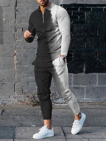 ブラック 男性用 スポーツウェア 2ピース プリント 長袖 ターンダウンカラー ディープグレー