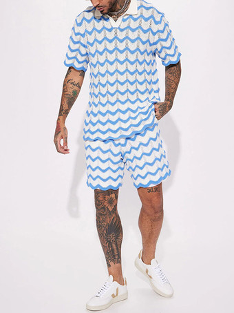 ライトスカイブルー男性用 スポーツウェア 2ピース 半袖 ターンダウンカラー ブラック